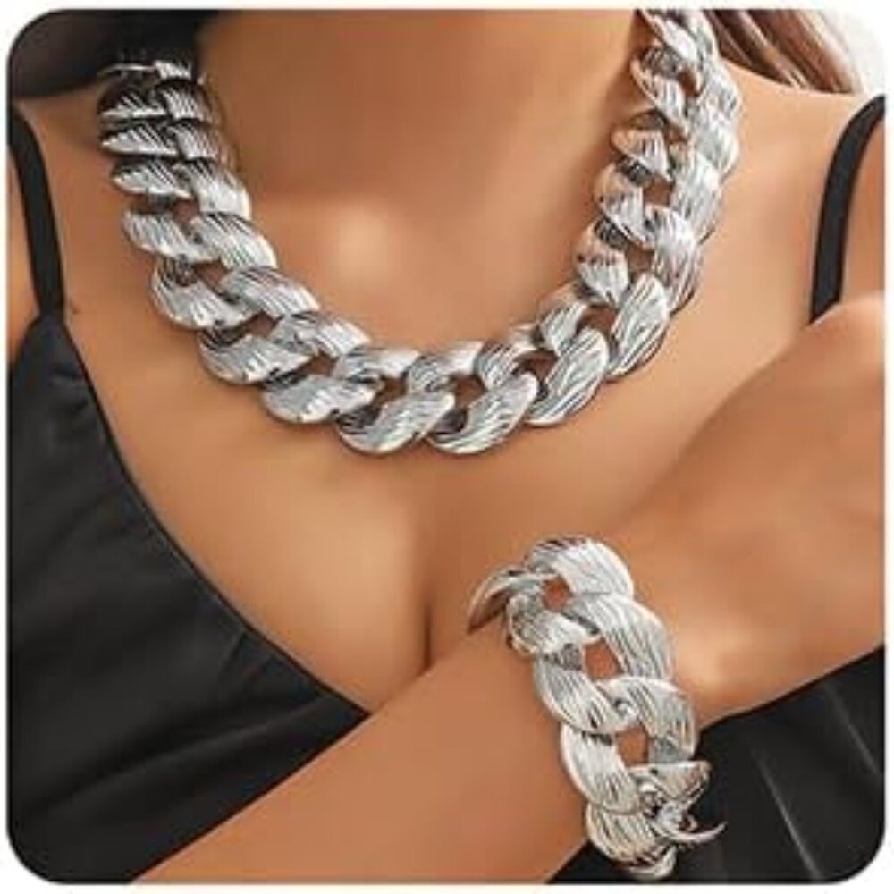 Boho Chunky Gold Toggle Necklace Bracelet Set Punk Cuban Link Chain Thick Lightw